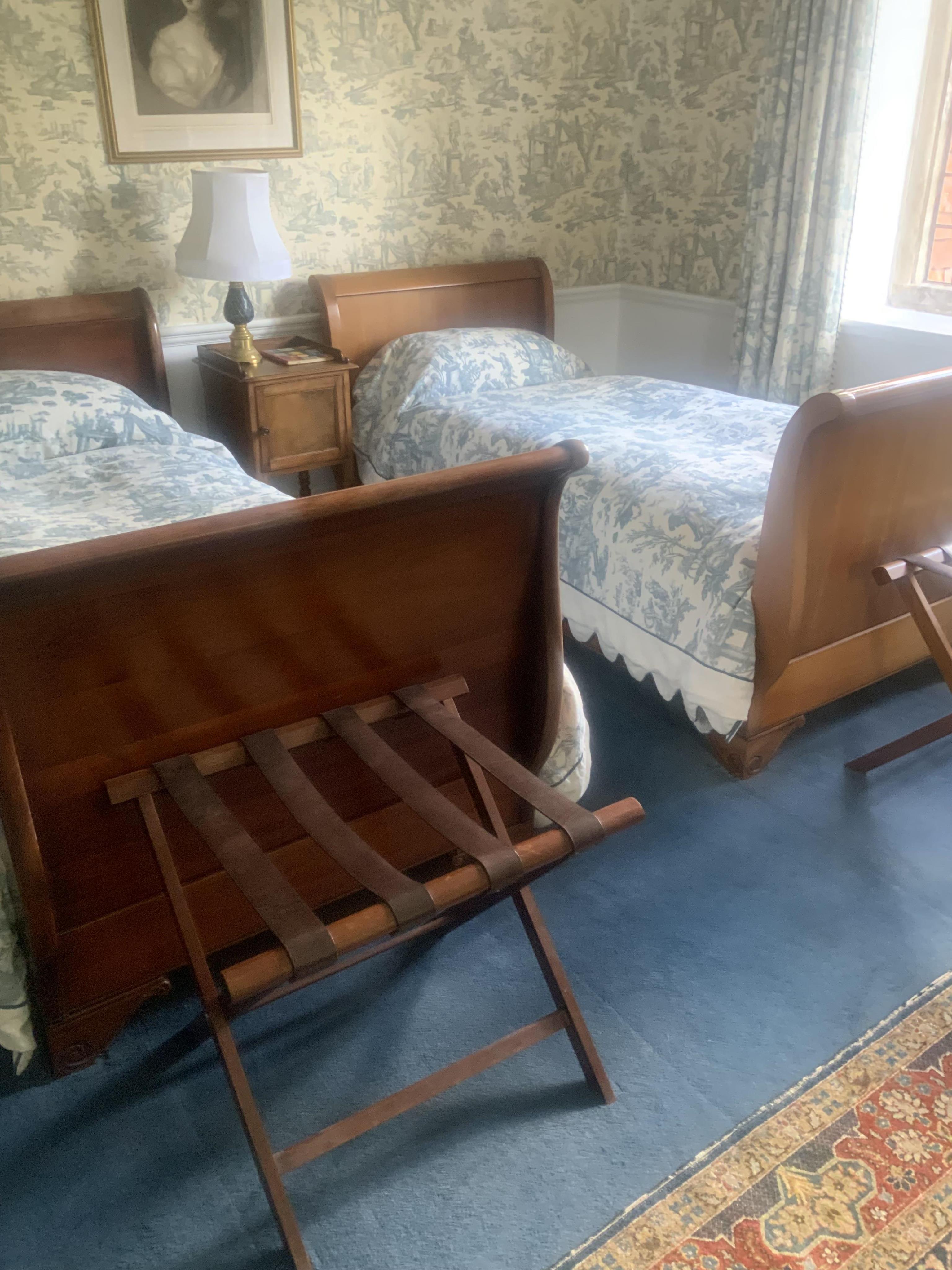 Two similar French style cherrywood single sleigh bed frames, width 99cm, height 94cm. Condition - fair